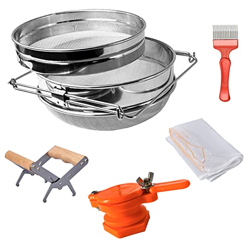 MayBee Double Sieve Honey Harvesting Kit for Beekeepers, Beekeeping Starter Kit Set of 5, Double Sieve Honey Strainer Stainless Steel, Frame Grip, Uncapping Fork, Honey Gate, Honey Filter Bag
