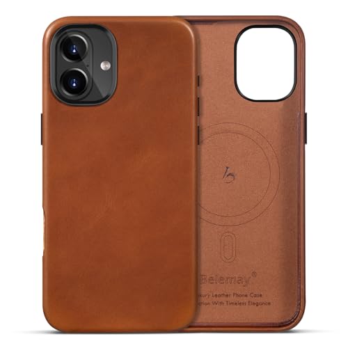 Belemay Compatible with iPhone 16 Leather Case, Compatible with MagSafe, Premium Full-Grain Vegetable-Tanned Smooth Leather, Metal Buttons & Camera Bump Frame, Classy Luxury Cover (6.1") Saddle Brown