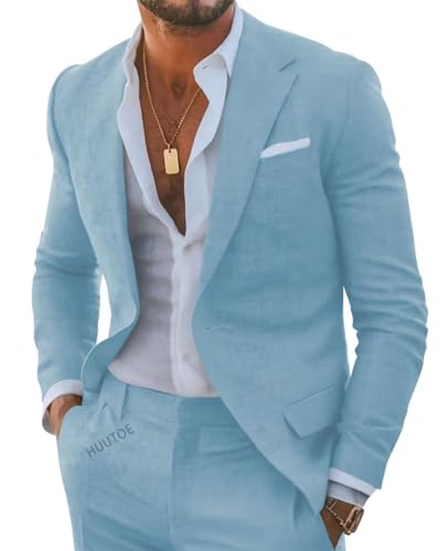 HUUTOE 2 Piece Suit Men Slim Fit Blue Mens Linen Prom Suit for Wedding Cuasal Beach Linen Biege1 Suits for Men Trajes para Hombre Elegantes 2025 M Linen Set Jacket Pants Vest Set