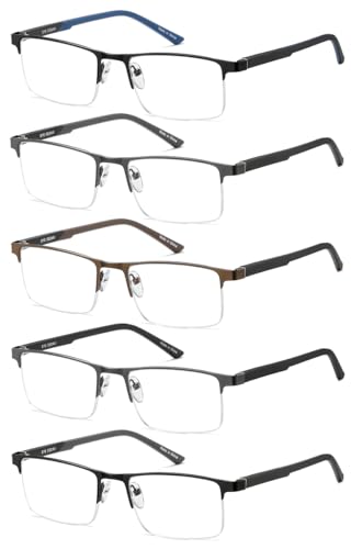 EYECEDAR Blue Light Blocking Reading Glasses for Men, Metal Half Frame Spring Hinges Anti-Glare Eyestrain 5 Pack Computer Eyeglasses Readers 1.75