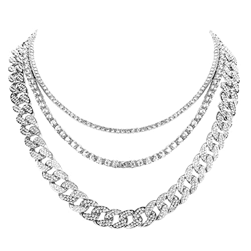 HH BLING EMPIRE Gold Silver Chain Necklace for Men Women Iced Out Diamond Tennis and Cuban Link Chain Necklaces Hip Hop Jewelry Sets 3Pc 18/20/24 Inch (Set C-Silver)