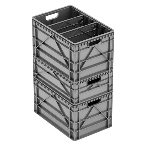 SIDIO Crate Basic Pack - 2 Full-Size & 1 Half-Size Heavy Duty Stackable Storage Bins, Totes and Containers with Dividers - Durable Plastic Organizer for Home, Office, Garage, and Outdoor Use, Gray