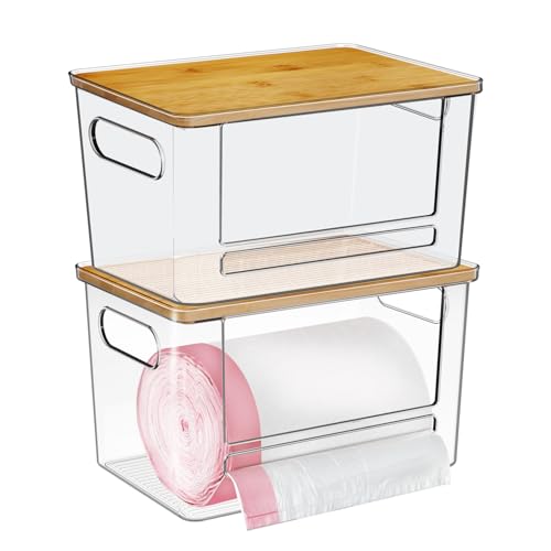 Trash Bag Dispenser 2 Pack, Acrylic Garbage Bag Dispenser with Bamboo Top, Extra Large Trash Bags Holder Dispensers Under Sink for Kitchen, Pantry, Laundry Room, Cabinet Organizer and Storage