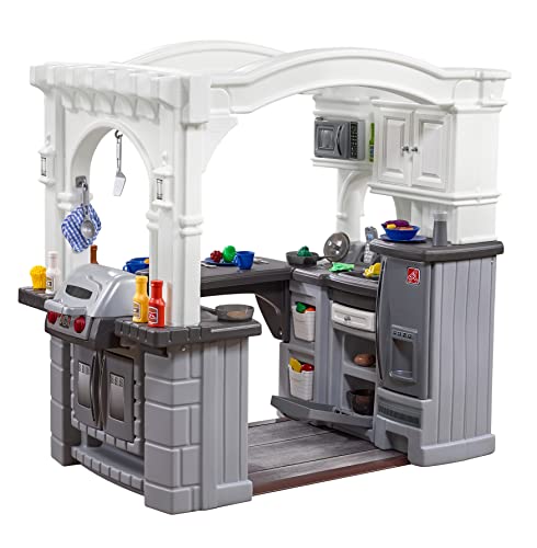 Step2 Grand Walk-in Kitchen & Grill Kids Playset, Indoor/Outdoor Kitchenette, Interactive Play with Lights and Sounds, Durable Plastic, 103 Piece Toy Accessories, Toddlers 2+ Years Old, Gray/White