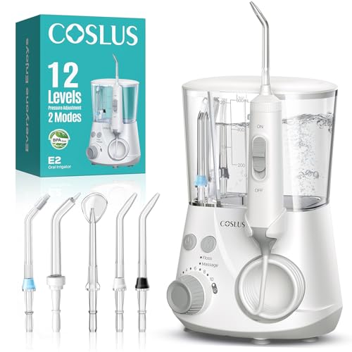 COSLUS Professional Water Flosser for Teeth: 2 Modes & 12 Pressure Settings Electric Dental Pick for Orthodontic, Braces, Sensitive Gums - Home Use, ​​5 Jet Tips for Multiple Users, Family, White, E2