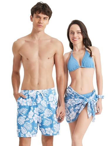 PATPAT Couples Matching Swimsuit - Three Piece Bikini Swimwear Set Hawaiian Floral Print Spaghetti Strap Bathing Suits with Cover Up and Hair Band Sky White Flower for Women M