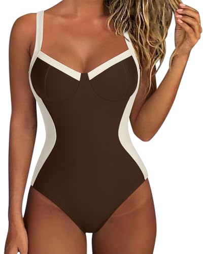 SUUKSESS Womens Tummy Control Slimming One Piece Swimsuits Sexy V Neck Crisscross Back Bathing Suits Push up Swimwear(Beige Brown，Medium)