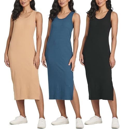 3 Pack Summer Dress Midi Dresses Women Long Sun Cotton Shift Casual Ribbed Swing Slit Stretchy Ladies Sleeveless Calf Length Tank Rib Knit Jersey Beach