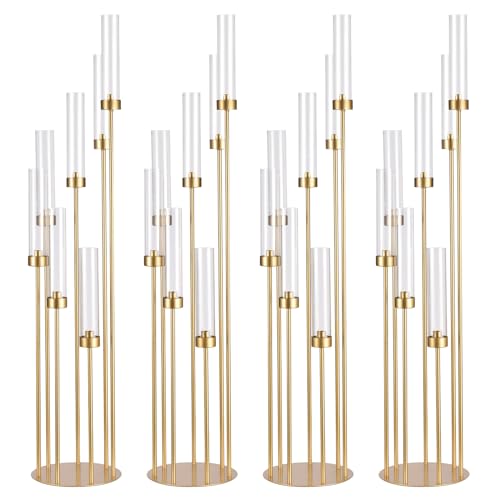 Wocadle 4Sets 7 Arms Floor Candelabra Wedding Centerpieces,Gold 48" Tall Metal Candlestick Holders with Acrylic Removable Lampshade for Chirstmas Table,Party,Room Decor centros de mesa de 15 años