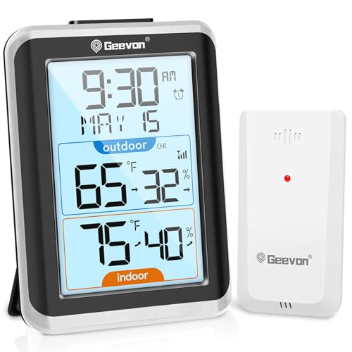 Geevon Wireless Indoor/Outdoor Thermometer & Hygrometer, Digital Temperature & Humidity Sensor with Time, Clock, 200ft/60m Range, Large Display