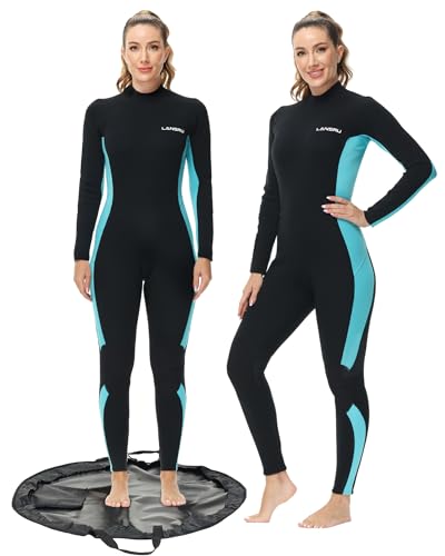 Lansru Women Wetsuit with Waterproof Changing Mat Bag, Upgraded CR Neoprene 3/2mm Full Suit, Back Zip Wet Suit for Women, Ideal for Cold Water Swimming Surfing Snorkeling and Diving.