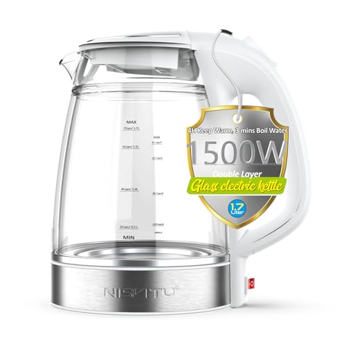 Double Glass Electric Kettle 1.7L Cordless Water Boiler, Tea Heater with Auto Shutoff & Dry Production for Boiling Hot Water,LED Stainless Steel Interior Tea Kettle Double Wall Anti-Scald Design White