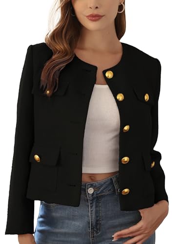 M.Infisavo 2025 Women Tweed Jacket Cropped Blazers Spring Summer Elegant Round Neck Pockets Business Casual Outfit, Black, Medium
