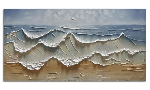 Abstract Blue Ocean Wave Wall Art, Textured Oil Painting on Canvas, Abstract Modern Sea Wall Art, Neutral Wall Decor, Texture Relief Wall Art