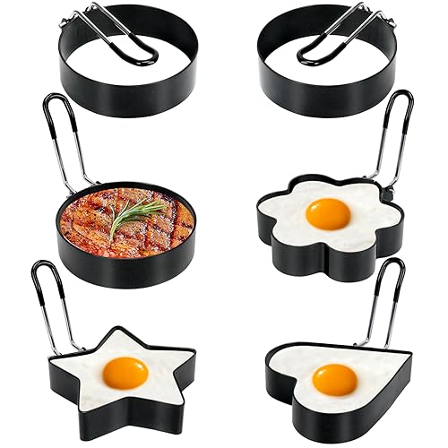 6 Pack Eggs Rings, Stainless Steel Egg Cooking Rings, Round Pancake Mold for Frying Eggs, Omelet and Muffins, Non-stick Fried Egg Mold Ring with Oil Brush and Slotted Spatula, 4 Shapes