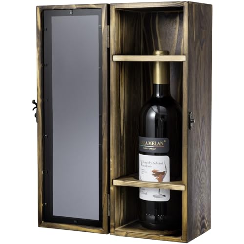 MyGift Rustic Burnt Solid Wood Single Wine Bottle Gift Box with Translucent Black Acrylic Window, Decorative Wine Collector Storage Case with Metal Latch Closure