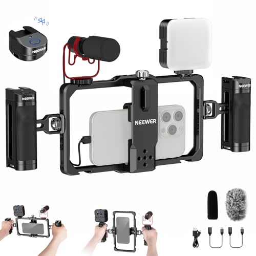 NEEWER Universal Phone Cage Stabilizer Video Rig Lighting Kit with Bluetooth Shutter Side Handle, RGB LED Video Light, USB C Microphone Compatible with iPhone 16 Pro Max 15 Pro Max S24 Ultra, PA009E