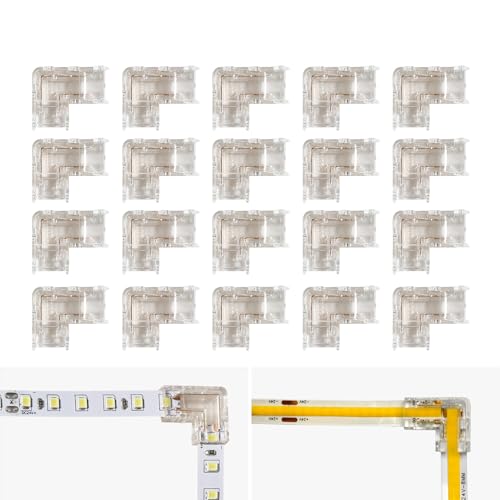 HEYAN 20 Pcs 2PIN L-Shape Solderless Transparent LED Strip Connector No Dark Area for COB/SMD Single Color LED Strips（2PIN -8mm）