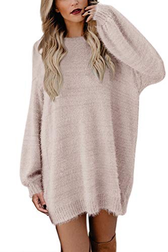 Meenew Women's Crewneck Loose Pullover Sweater Dress Baggy Sleeve Apricot M