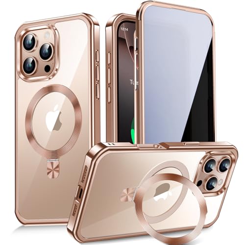 [CD Metal Ring Stand + Built-in Privacy Screen Protector] Magnetic Case for iPhone 16 Pro 6.3" [Soft Bumper Full Signal] [Compatible with MagSafe] 9H Glass Full Body Shockproof Clear Case, Desert Gold