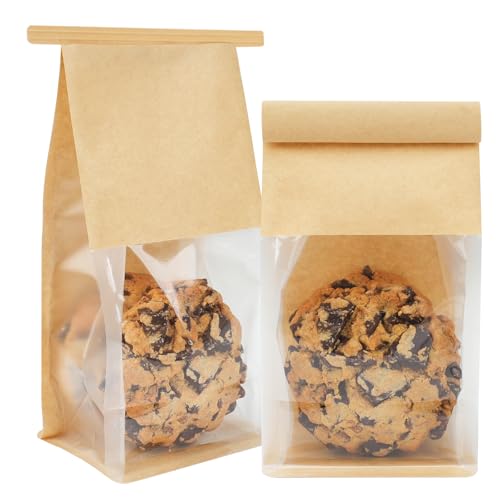 Foranda 50 Pack Small Bakery Bags with Window, 3.9x3.1x8.2 Inches Tin Tie Tab Lock Cookie Packaging Bag Resealable Paper Treat Bags for Homemade Granola, Popcorn, Candies, Goodies