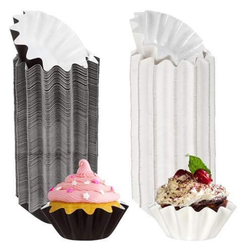200 Pcs Wave Cupcake Liner, Flared Baking Cups, Paper Muffin Holder, Greaseproof Coated Wrappers for Tea Party Wedding Birthday Baby Shower Cake Candy Supplies (White+Brown)