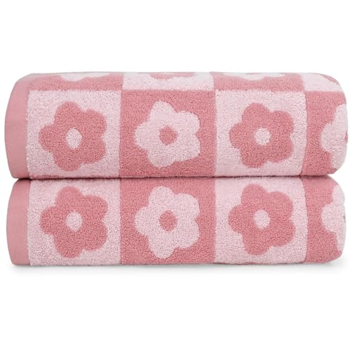 2-Pieces Luxury Bath Towels Checkered Floral, Pink Towels for Women Girls Shower Body 27.5x55 Inches, Cute Decor for Bathroom & Pool Days, Cotton