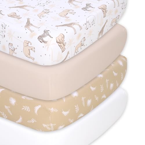 The Peanutshell 4-Pack Organic Fitted Crib Sheet Set - Soft & Breathable Baby Girl or Boy Crib Sheets, 100% Jersey Cotton Nursery Decor, Fit for Standard Mattress Cover- Caramel Safari