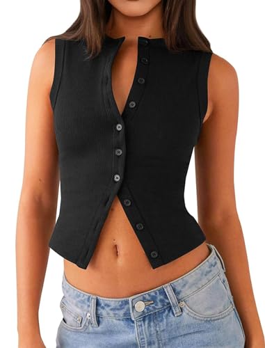 Matunana Womens Going Out Tops Summer Ribbed Tank Sexy Crop Cute Y2K Button Down Sleeveless T Shirts Casual Basic Tee Trendy Fashion Outfits Spring Clothes 2025 Black
