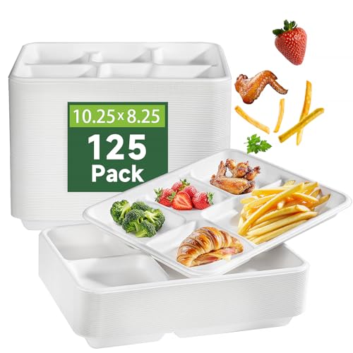 WELLIFE 100% Compostable 5 Compartment Paper Plates, 10.25 * 8.25 Inch 125 Pack Heavy Duty Divided Disposable School Lunch Trays, Eco-Friendly Bagasse Plates for Boys, Girls and Youth (BPA Free)