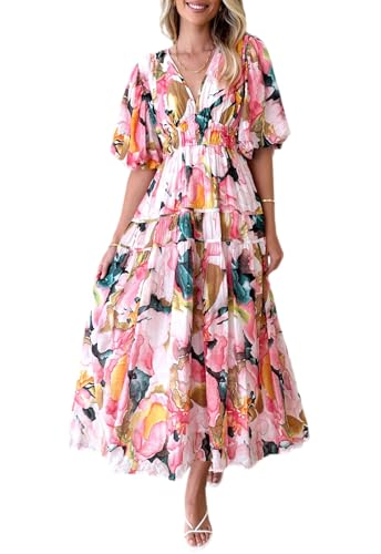 Sissyaki Women's Boho Floral Midi Dress Smocked Beach Flowy Dress Multi Pink Print M