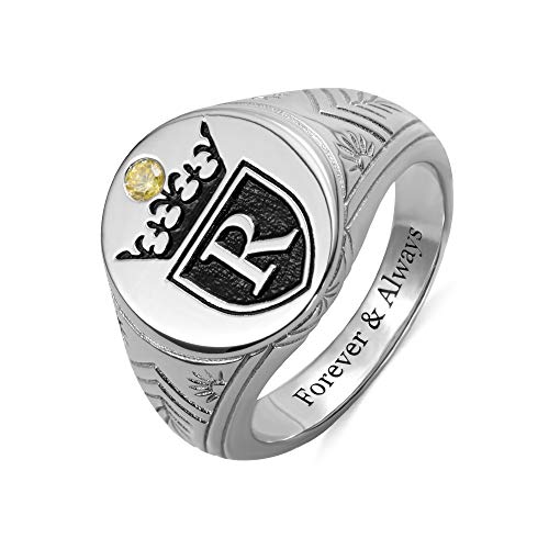 AILIN 925 Sterling Silver King Signet Ring With Crown Birthstone Custom Inside Engraving Initial Letter Rings Personalized Jewelry Gifts For Father Brother Best Friends Boyfriends