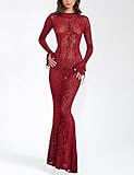 Women's Sexy Long Sleeve Leopard Print Bodycon Dress Round Neck Mesh Printed See Through Party Midi Dresses(Red-S)