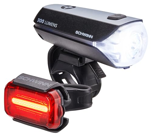 Schwinn LED Bike Lights Set, USB Rechargeable Headlight and Battery-Operated Tail Light, with Tool-Free Mounting Silicon Strap, 300 Lumen Light Set, Black/Red