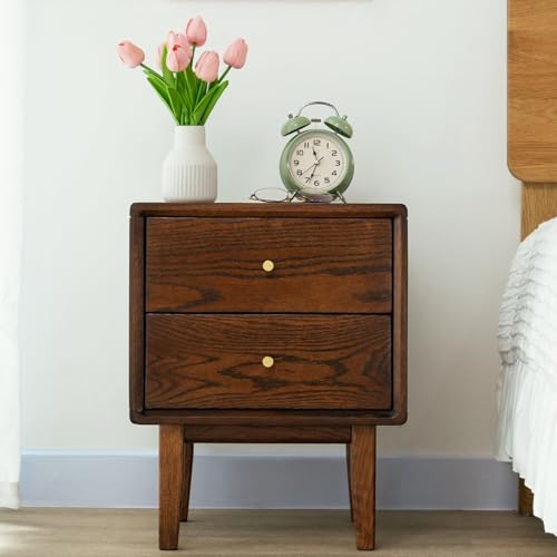 Towood Lifee Night Stand, Midcentury Modern Solid Wood Nightstand, Durable Bedside Tables with 2 Drawer, Oak Bedroom Nightstand, 19.68 H x 15.75 W x 13.78 D Inches (Walnut)