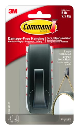 Command Large Modern Reflections Metal Hook, Holds up to 5 lb, Oil Rubbed Bronze, 1 Wall Hook with 2 Command Strips, Damage Free Hanging Hooks for Hanging Decorations in Living Spaces