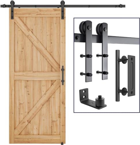 SMARTSTANDARD 6.8 FT Heavy Duty Sturdy Sliding Barn Door Hardware Kit, Black, (Whole Set Includes 1x Pull Handle Set & 1x Floor Guide) Fit 36"-40" Wide Door Panel (I Shape Hanger)