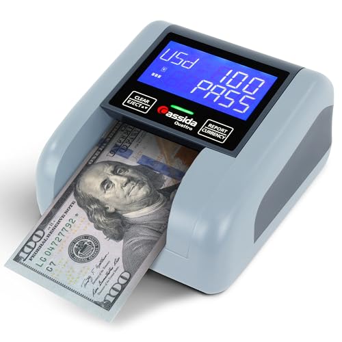 Cassida Quattro Fast Automatic Currency Counterfeit Detector with Advanced Sensors (UV,MG,IR,MT,Thickness,Size) - All-Orientation Feeding - Rechargeable Battery - 3.5" Value & Pass/Fail Display