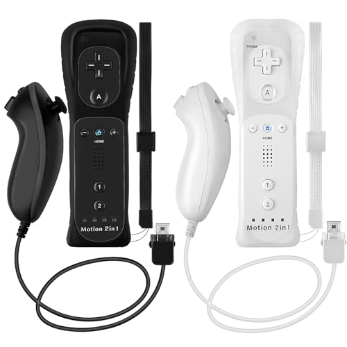 NC 2Pack Motion Plus Wii Controllers with Nunchucks,Wii Remote Controllers with Built in Motion Plus, Compatible for Nintendo Wii and Wii U Console, with Silicone Case and Wrist Strap (White+Black)