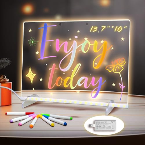 LED Note Board with Colors, 13.7"X10" 4 Modes & 7 Colors Acrylic Dry Erase Board with Light, Include Adapter, Hanging Chain, Led Drawing Board for Kids with Stand, 7 Markers, Spray Bottle