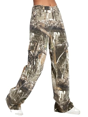 Voghtic Camo Pants Women High Waisted Wide Leg Casual Y2K Camoflage Cargo Pants Baggy Straight Jeans Trousers