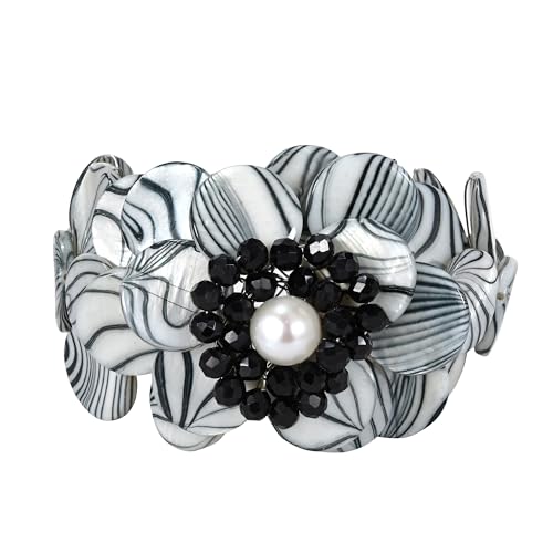 AeraVida Zebra Painted Mother of Pearl Shell Cluster Flower Cuff Bracelet | Adjustable Cuff Bracelet for Women | Floral Cuff Bracelet | Black and White Cuff Bracelet