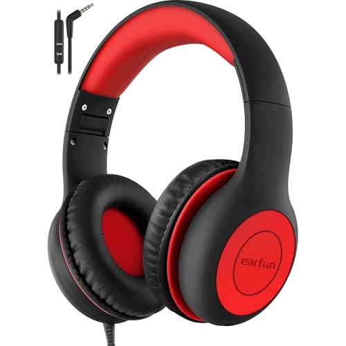 EarFun Kids Headphones Wired with Microphone, 85/94dB Volume Limit Headphones for Kids, Portable Wired Headphone with Shareport, Stereo Sound Foldable Headset for School/Tablet/iPad/Kindle, Black Red