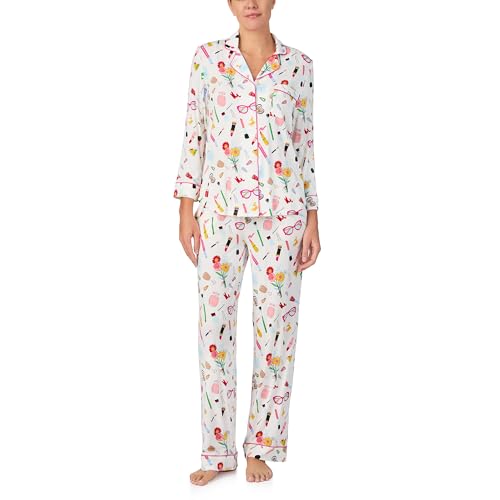 kate spade new york Pajamas for Women 2 Piece Set Comfy Modal Classic 3/4 Sleeve Notch Collar Button Top & Pants, Makeup Toss