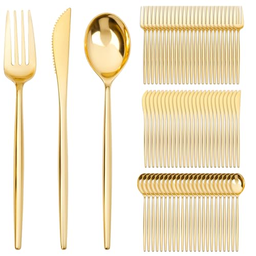 SUT 600 Pcs Gold Plastic Silverware, Gold Disposable Utensils, Heavy Duty Cutlery Set, Disposable Silverware Set Include 200 Forks, 200 Spoons, 200 Knives Heavy Duty Flatware for Party