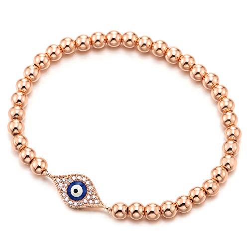 COOLSTEELANDBEYOND Rose Gold Beads Bracelet for Women Men with Cubic Zirconia Protection Evil Eye