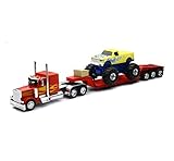 New-Ray New 1:32 NEWRAY Truck & Trailer Collection - RED Peterbilt Model 379 LOWBOY with Monster Truck Diecast Model Toys