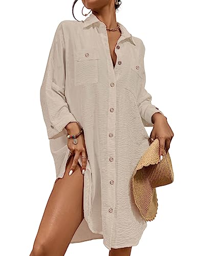 Bsubseach Womens Modern Swimsuit Cover Up Blouse Button Down Shirt Dresses Tops Apricot