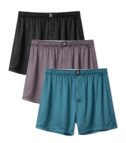 DAVID ARCHY Stretch Satin Boxers for Men, Silk Feeling Boxer Shorts, Breathable Loose Men's Underwear for Sleep 3 Pack(L, Peacock Blue/Black/Dark Purple)