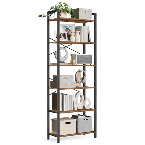 VASAGLE 6-Tier Bookshelf, Bookcase with Steel Frame, Book Shelf for Living Room, Home Office, Study, 11.8 x 26 x 73.2 Inches, Industrial Style, Rustic Brown and Ink Black ULLS062B01